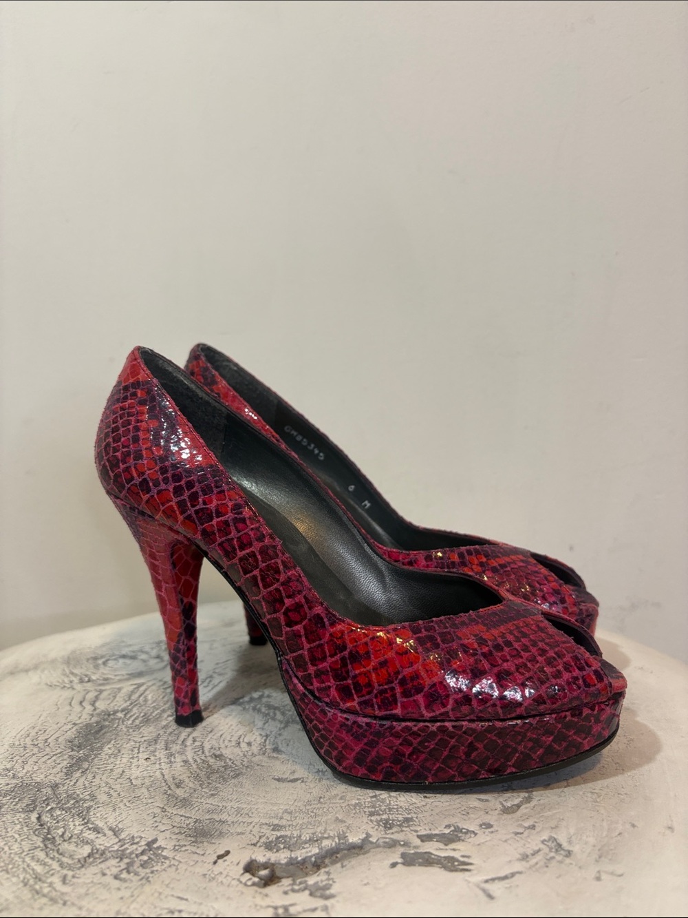 Dark Berry Red Stuart Weitzman Python Embossed Leather Platform Peep Toe Pumps